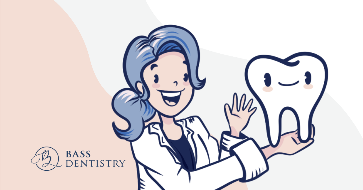 Illustration of a cheerful dentist with blue hair holding a smiling cartoon tooth. This is just one of the illustrations that The Molo Group did for Bass Dentistry to complete their visual brand identity.